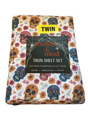 Sugar Skulls Twin Size Sheet Set Deep Pocket 100% Polyester Rose Blue Gold